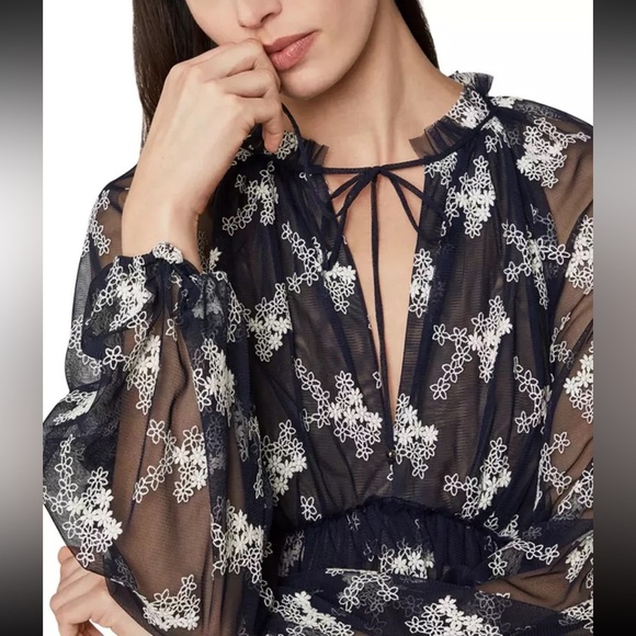 BCBGMAXAZRIA Embroidered Mesh Dress Dark Midnight Blue Floral Ruffle Size XXS - Picture 16 of 16
